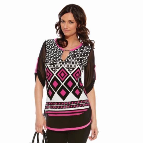 Joseph Ribkoff Black and Pink Graphic Tunic with 3/4 Sleeves - Picture 1 of 8